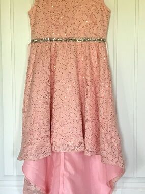 Rare Editions Pink Sequin High-Low Dress with Silver Waist Accent
